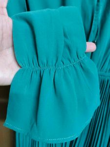 Teal Pleated Tie-Neck Midi Dress