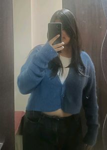 Blue Cropped Knit Cardigan