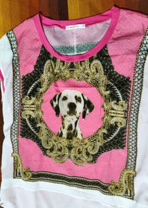 Zishen Women Pink Dog Printed Embellished Top