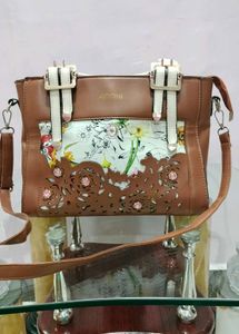 Floral-Accented Brown Satchel