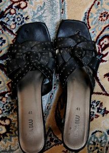 Studded Black Leather Slides