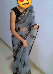 EMBROIDERY NET GREY SAREE