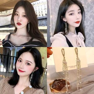 Korean White Dangling Pearl Tassel Crystal Earring