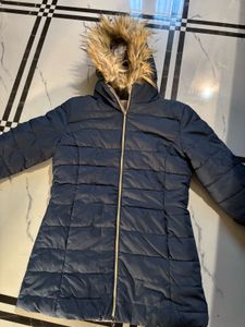 New Navy Puffer Coat with Fur Hood