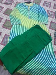 Lime &amp; Teal Striped Kurti Set