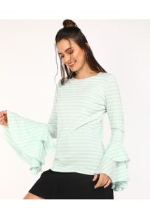 Casual Bell Sleeves Striped Women Green,White Top