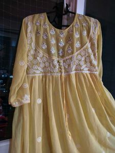 Yellow Embroidered chikankari Anarkali Dress