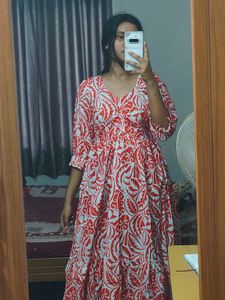 Red & White Leaf Print Maxi Dress