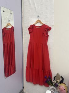 Red Ruffle Sleeve Midi Dress