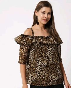 Leopard Print Ruffle Cold Shoulder Top