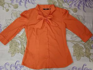 Orange Shirt With Tie Up Neckline By Fig In Small