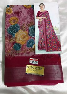 New Elegant Cotton Linen Floral Saree with Blouse