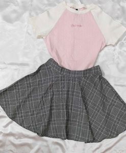 Pink Self Care Top & Plaid Skirt