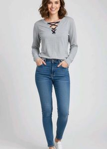 Lace-Up Gray Long Sleeve Top