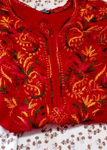 Handwork Chickenkari Red Embroidered Kurta