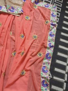 Coral Peach Saree With Blouse Piece