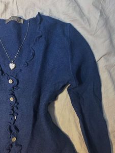 Blue Ruffle Trim Cardigan