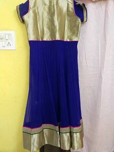 Elegant Blue &amp; Gold Anarkali With Dupatta