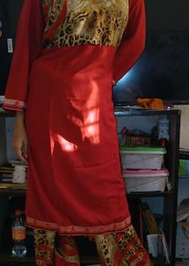 Red & Animal Print Kurta Set
