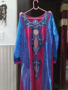 Beautiful Embroidery Work Net Kurta With Inner (38 Bust) Length- 49 Inches- Front &amp; Back Both Side Embroidery Work