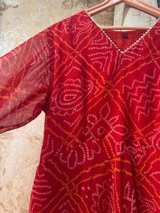 Red Bandhani Print Full Size Gown, Bust- 40/42
