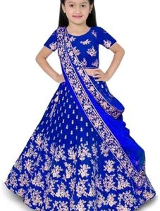 Girls Blue Embroidered Lehenga Choli