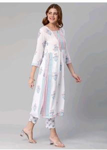 S-M Size White Floral Print Kurta Set