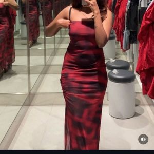 Red & Black Tie-Dye Ruched Maxi Dress