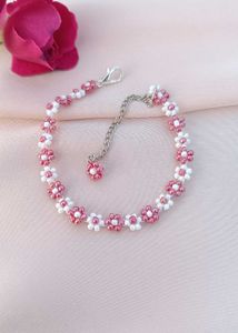 Pink &amp; White Beaded Flower Bracelet