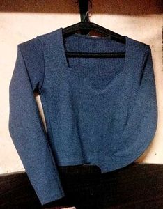 Blue Ribbed Long Sleeve Top