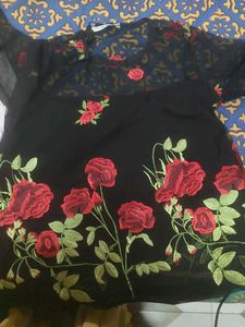 Party Wear Black Net Top With Red Flower