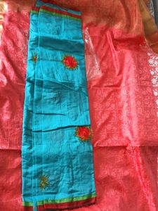 Blue with Red Floral Design ChanderiCotton Saree