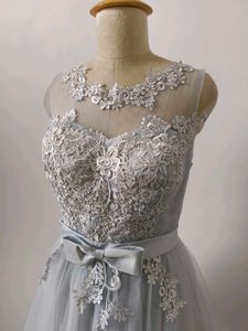 Gray Lace Tulle Party Dress