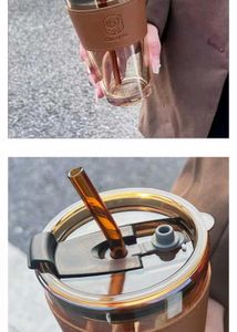 Glass Tumbler/ Sipper With Straw Leather Handle