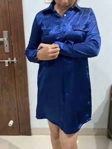 Navy Blue Satin Shirt Dress