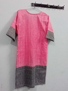 Pink Black Synthetic Cotton Girls Kurta