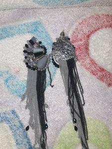 grey black chained beaded long earning