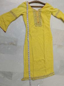 Yellow Embroidered Kurti Pant Set With Dupatta
