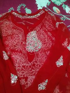 Red Lucknowi kurta set with inner tape