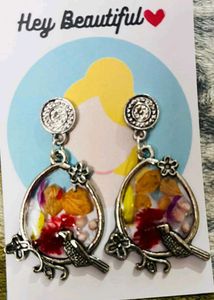 Silver Jhumka Earrings with Real Flower Inlay