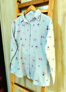 Sky Blue Printed Cotton Shirt Size-42