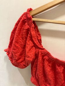 Red Eyelet Puff Sleeve Crop Top And Denim Dress