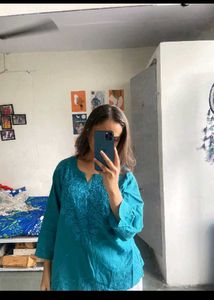 Short Blue chikenkari kurti