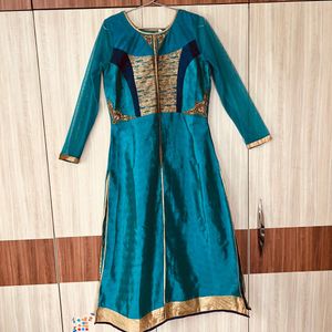 Peacock Blue & Gold/cream  Embellished Kurti Gagra