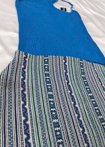 Blue Tank Top &amp; Patterned Mini Skirt Set