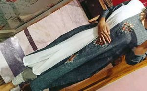 Gray Embroidered Kurti with White Dupatta