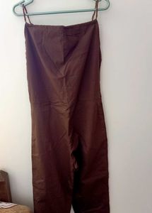Brown Lace-Up Cotton Jumpsuit with Pockets