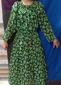 Green Floral Print Long Sleeve Dress