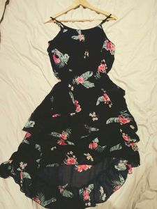 Navy Blue Floral Print Dress with Ruffles, Size-S