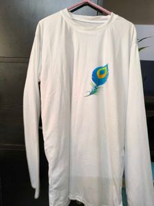 White T-Shirt with Peacock Feather